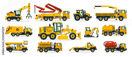 Set of construction equipment. Excavator, tractor, concrete pump, crane, garbage truck, grader, fuel truck, tow truck. Service vehicle. Vector illustration