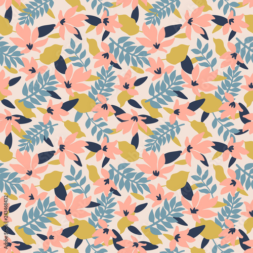 Seamless Floral Pattern. Fashion textile pattern with decorative leaves, flowers and branches in pink. Vector illustration. © mspoint