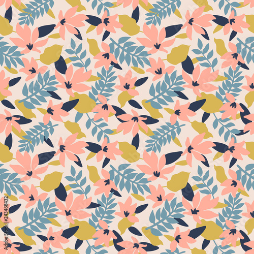 Seamless Floral Pattern. Fashion textile pattern with decorative leaves, flow...
