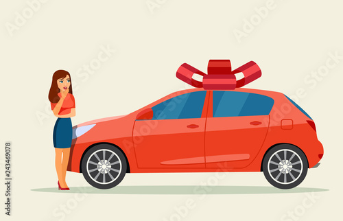 Surprised girl and new car.  Vector flat style illustration