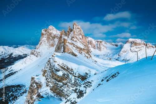 Seceda mountain peaks in the Dolomites at night in winter, South Tyrol, Italy