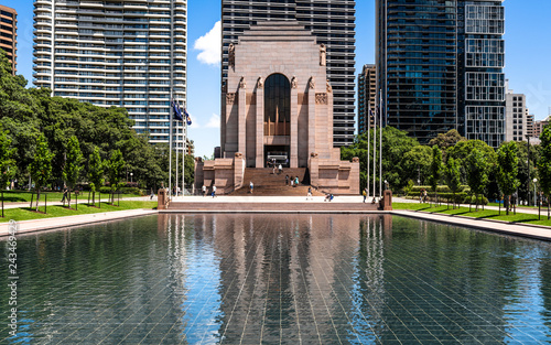 Photography Exterior view of ANZAC war memorial in Hyde park with water pond in the front in