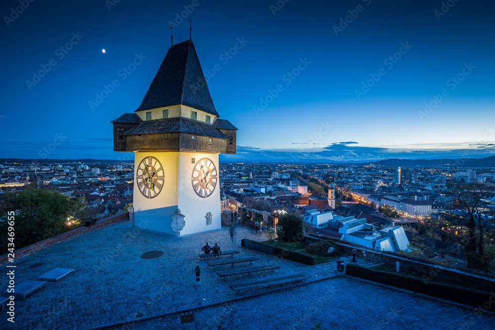 Grazer Uhrturm at night, Styria, Austria
