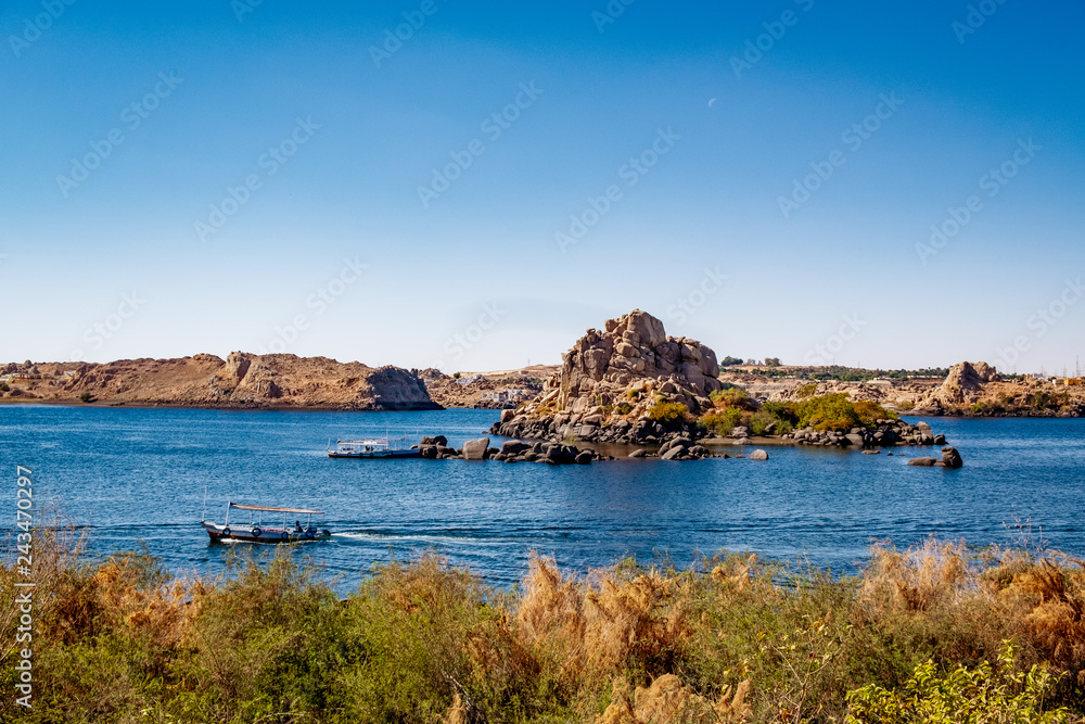 Nile natural landscape in Aswan near the temple of Philae
