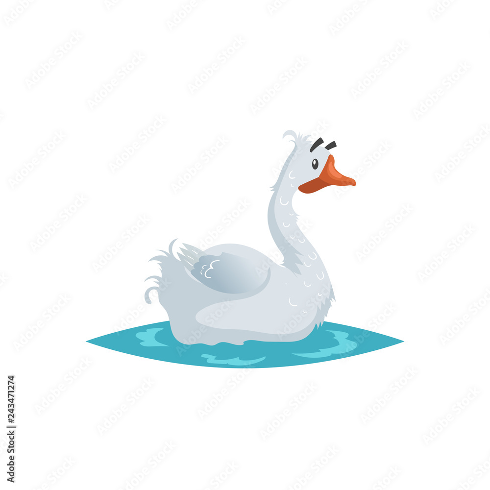 Cute funny goose. Cartoon flat style comic style. Happy domestic farm bird swimming on water. Vector illustration isolated on white background. Cute funny goose. Cartoon flat style comic style. Happy domestic farm bird swimming on water. Vector illustration isolated on white background.