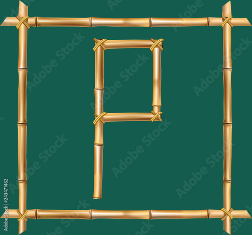 Capital letter P made of realistic brown dry bamboo poles inside of wooden stick frame