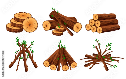 Set of woodpile, brushwood, firewood hut, stacks wooden logs and branches isolated on white background. Timber pile for bonfire design elements -flat vector illustration