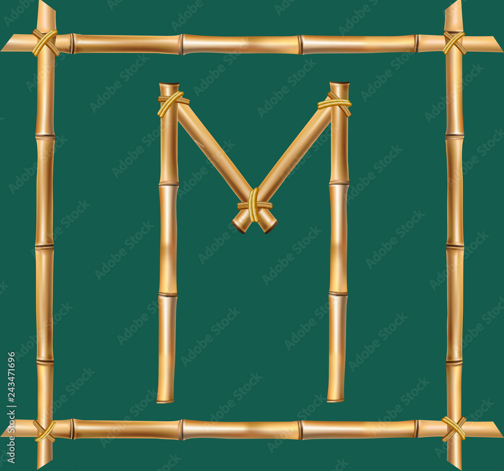 Capital letter M made of realistic brown dry bamboo poles inside of wooden stick frame