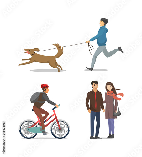 Pet on Leash Boy Running Together Isolated Vector