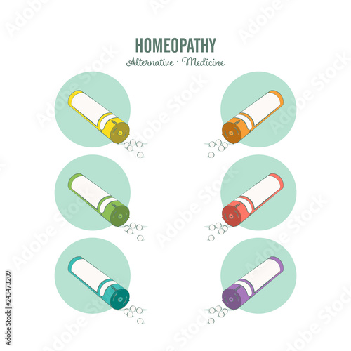 Homeopathic medicine line set on a white background. Homeopathic pills. Alternative medicine