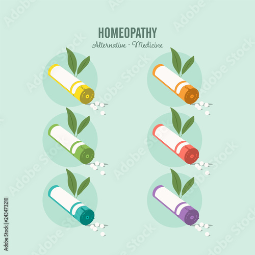 Homeopathic medicine set on a green background. Homeopathic pills. Alternative medicine