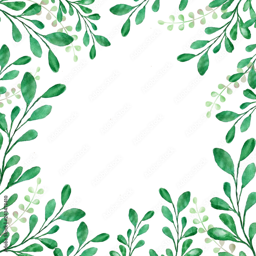 Beautiful watercolor decoration made of green hand drawn leaves with copy space, frame for invitations, print