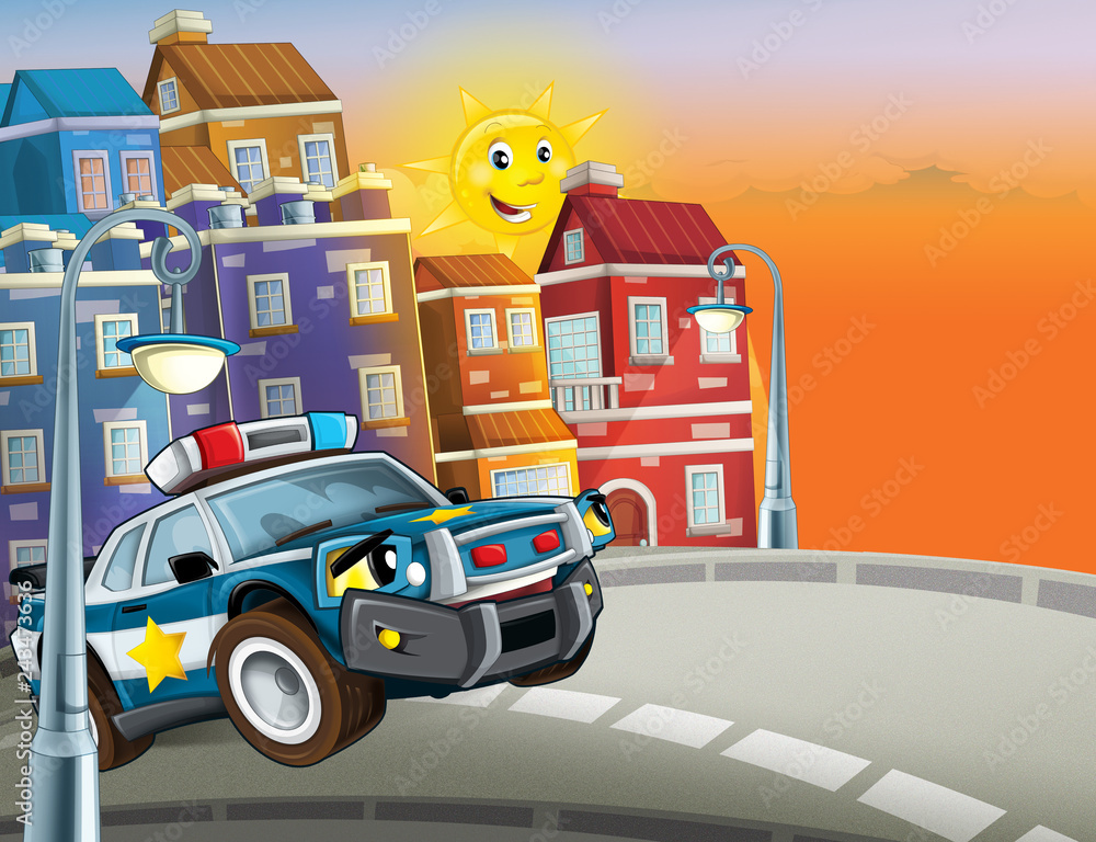 cartoon scene with police car driving through the city - illustration for children