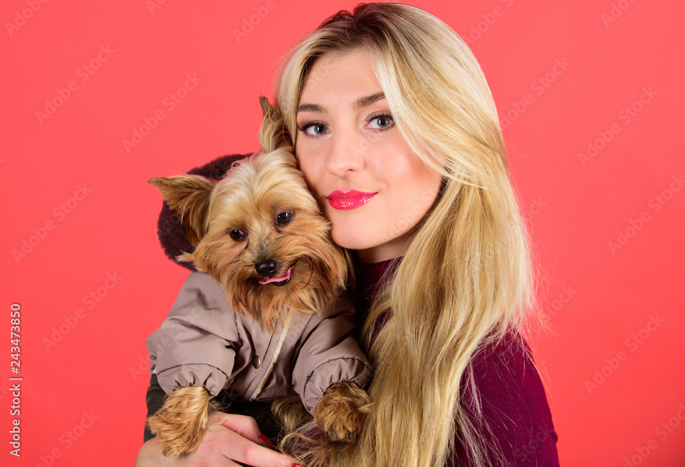 Which dog breeds should wear coats. Dressing dog for cold weather. Make sure dog feel comfortable in clothes. Apparel and accessories. Girl hug little dog in coat. Woman carry yorkshire terrier Which dog breeds should wear coats. Dressing dog for cold weather. Make sure dog feel comfortable in clothes. Apparel and accessories. Girl hug little dog in coat. Woman carry yorkshire terrier