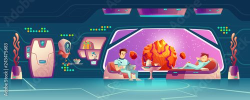Future starship crew members, female and male astronauts, deep space explores, tourists or colonists couple resting in space station, orbital hotel or colony base room cartoon vector illustration