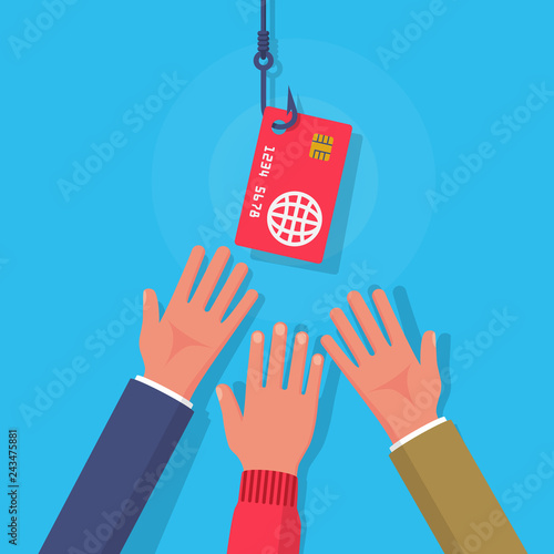 Hands reach for a credit card. Vector illustration flat design. Isolated on white background. Credit card on a hook. 
