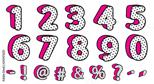 Cute black polka dots 3D set of numbers and signs. Vector LOL girly doll surprise style. Banner with hot pink shadow. Font design kids age. Picture for birth invite vector card. Valentine's day sale