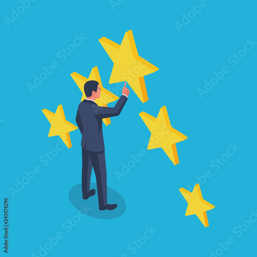 Star rating vector illustration isometric design. Feedback concept. Evaluation system. Positive review.  Isolated on white background. Quality work. Businessman puts five stars.