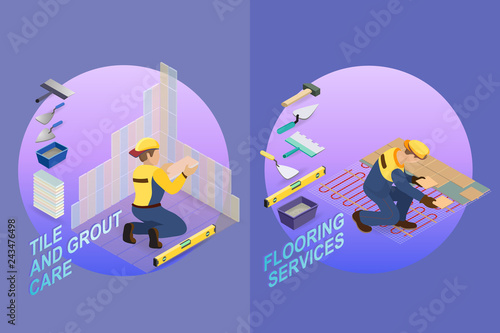 Home repair isometric template. Builder with tools.