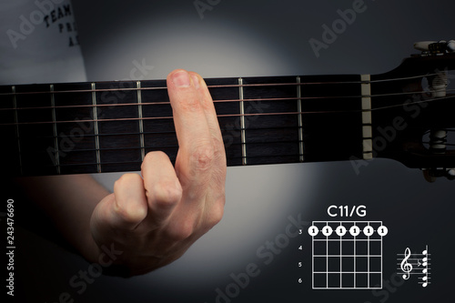 Guitar chord on a dark background. The C eleventh is a six-note chord. C11 tab fingering