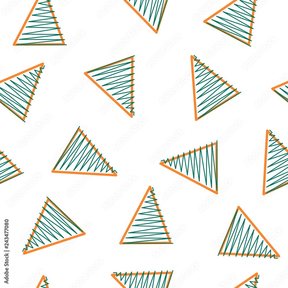White background, orange and green triangles. Simple geometric repeat pattern, memphis style inspired three colors seamless vector pattern tile. White background, orange and green triangles. White background, orange and green triangles. Simple geometric repeat pattern, memphis style inspired three colors seamless vector pattern tile. White background, orange and green triangles.