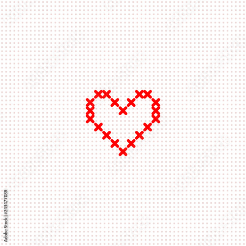 Red simple cute cross stitch heart on white canvas card template, vector