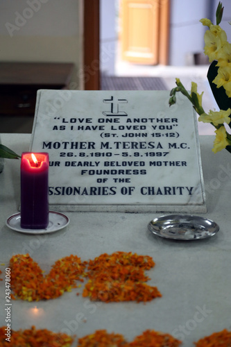 Tomb of Mother Teresa, decorated with fresh flowers in Kolkata, West Bengal, India photo