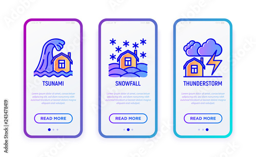 Disasters thin line icons set: tsunami, snowfall, thunderstorm. Vector illustration for user mobile interface.