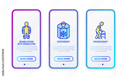 Rehabilitation for disabled thin line icons set: exoskeleton, cryotherapy, physiotherapy. Vector illustration for user mobile interface.