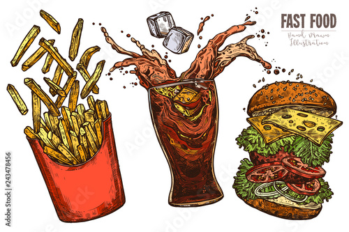 Sketch levitation fast food collection with classic burger, box with french fries and glass with splashed cola and ice cube with flying ingredients; vector hand drawn illustration for menu, advertisin