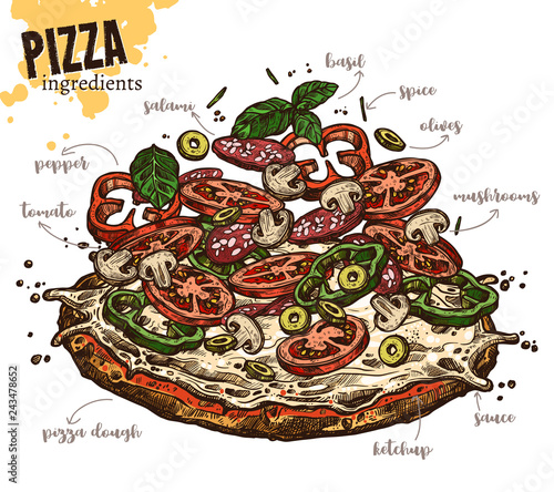 Sketch pizza with levitation ingredients. Hand drawn vector illustration of flying food and products