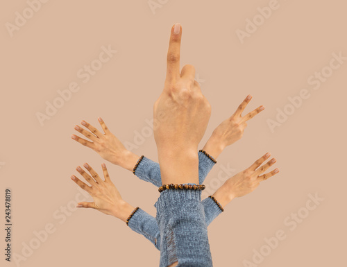 Cute girl showing one to five fingers count signs isolated on background with Clipping path included. Communication gestures concept