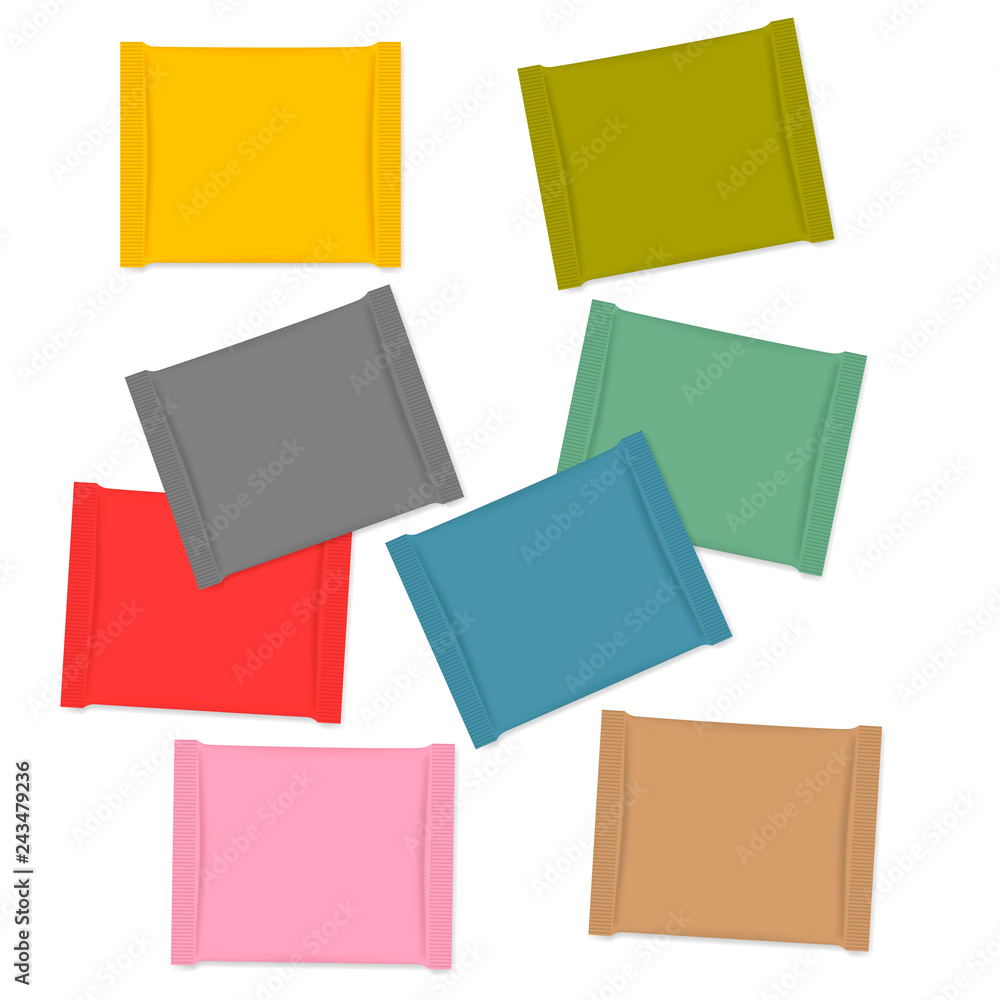 Multicolored blank square sachet packets, snack packaging wrapper Multicolored blank square sachet packets, snack packaging wrapper