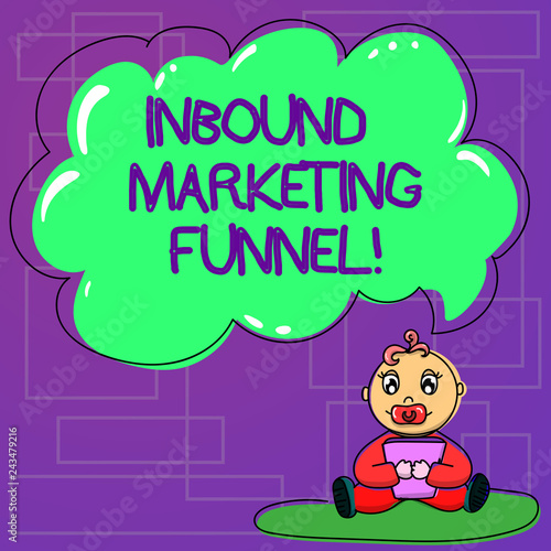 Handwriting text Inbound Marketing Funnel. Concept meaning process of attracting a large amount of prospects Baby Sitting on Rug with Pacifier Book and Blank Color Cloud Speech Bubble