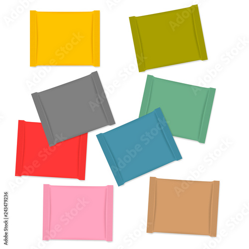 Multicolored blank square sachet packets, snack packaging wrapper