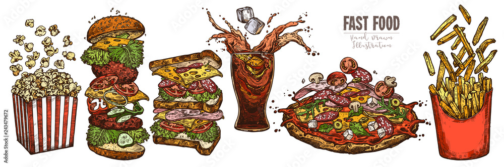 Sketch levitation fast food collection with burger, box with french fries and popcorn, glass with splashed cola and ice cube, pizza; vector hand drawn illustration of flying ingredients Sketch levitation fast food collection with burger, box with french fries and popcorn, glass with splashed cola and ice cube, pizza; vector hand drawn illustration of flying ingredients