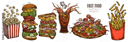 Sketch levitation fast food collection with burger, box with french fries and popcorn, glass with splashed cola and ice cube, pizza; vector hand drawn illustration of flying ingredients