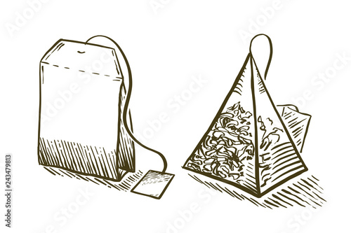 Set of tea bag in engraving style. Hand drawn vector illustration. Pyramid shaped bag of tea.