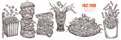 Sketch levitation fast food collection with burger, box with french fries and popcorn, glass with splashed cola and ice cube, pizza; vector hand drawn illustration of flying ingredients