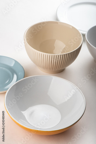 Different bowls on white background.