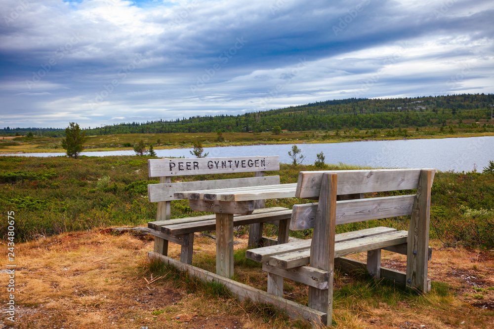 Picnic table at Peer Gynt Vegen scenic tourist mountain road in Oppland Norway