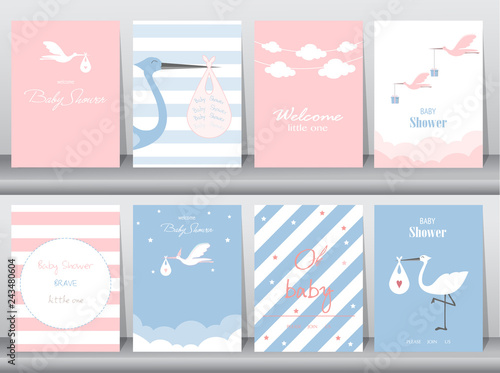 Set of baby shower invitations cards,poster,greeting,template,stork,animal,Vector illustrations