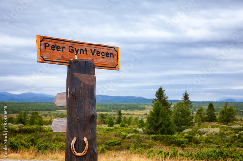 Peer Gynt Vegen scenic tourist mountain road signpost Oppland Norway