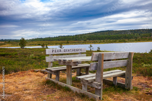 Picnic table at Peer Gynt Vegen scenic tourist mountain road in Oppland Norway