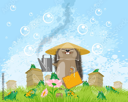 Chinese beekeeper hedgehog on apiary