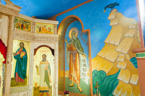 an interior of the Church of the Intercession of the Holy Virgin by sunny winter day