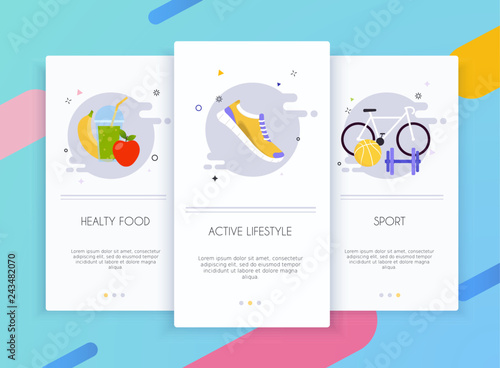 Onboarding screens user interface kit for mobile app templates concept of healthy lifestyle.