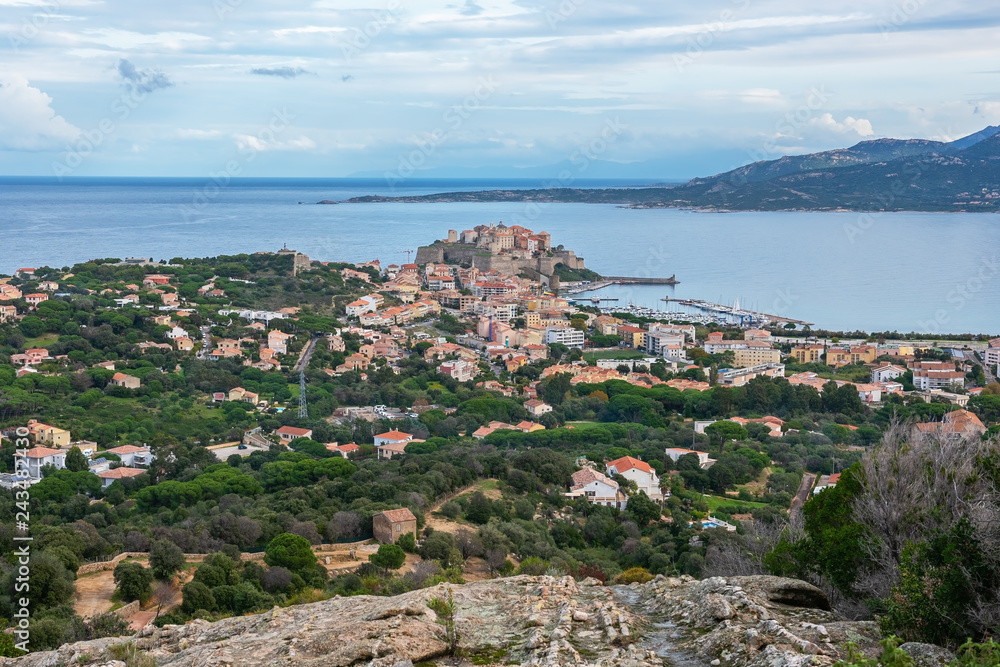Beautiful view from the mountains to the historic city of Calvi, Corsica, France