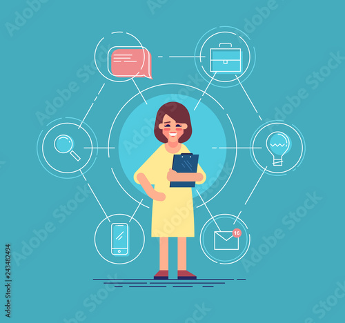 Single point of contact and SPOC concept. Management of project. Beautiful woman manager of project. Outsourcing and consulting. Modern character design. Flat vector illustration.