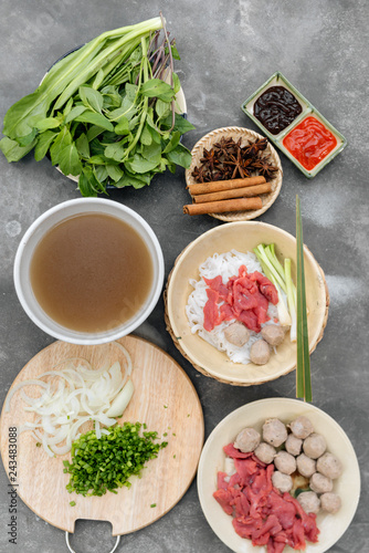 Assorted asian dinner with vietnamese noodle soup pho bo,